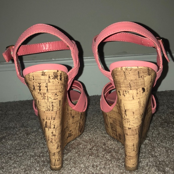 Pink Suede Ankle Wrap Cork Wedge Sandals. - Picture 5 of 8